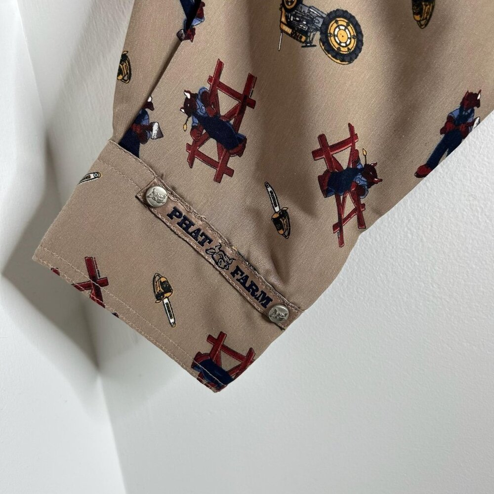 Vintage Phat Farm Shirt Mens XL Tan All Over Print Workwear Tools Streetwear 90s - Picture 4 of 11